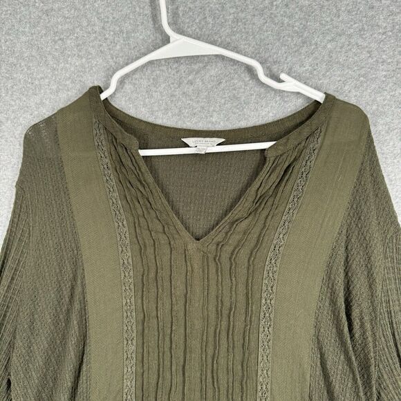 LUCKY BRAND Blouse Womens Large Green Linen Blend Top Long Sleeve Boho Knit - Picture 2 of 13